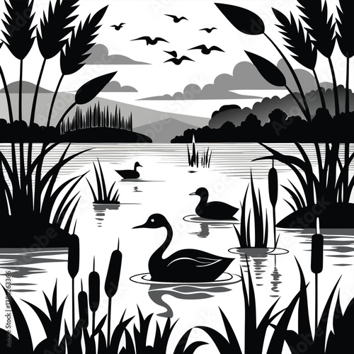 Silhouettes of water plants, ducks and reeds. Vector black illustration of the pond with flying and floating birds