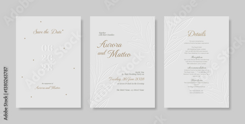 Beautiful wedding invitation with embossed leaf illustrations.