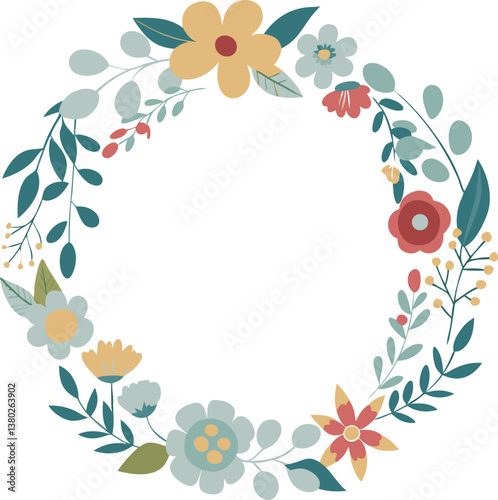 Floral Wreath Design Pretty Spring Flowers, Teal Leaves, Circular Frame