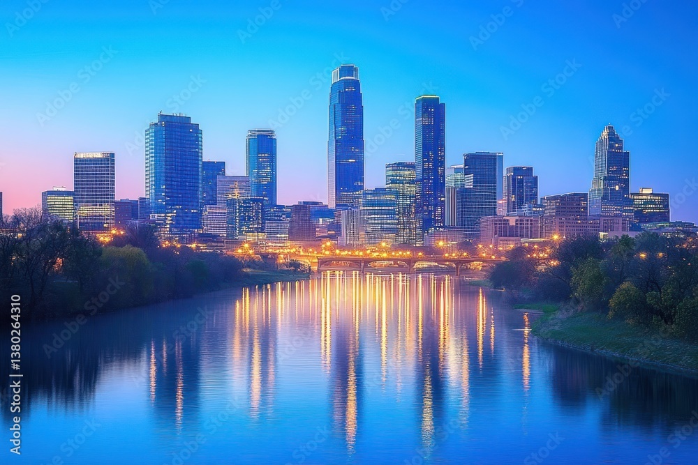 Naklejka premium Minneapolis Skyline at Dusk over Mississippi River