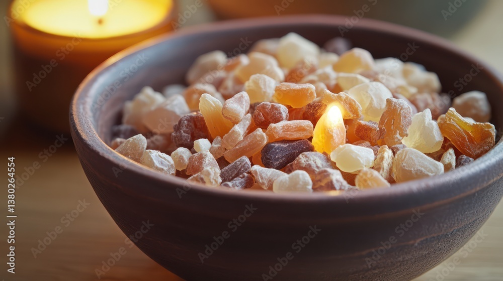 A deep ceramic bowl filled with hand-crushed frankincense and myrrh resin pieces, their translucent hues catching the warm glow of A deep ceramic bowl filled with hand-crushed frankincense and myrrh resin pieces, their translucent hues catching the warm glow of