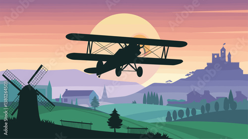 A silhouetted biplane soars through a colorful sunset, with rolling hills, a quaint windmill, and a castle on a hill in the background.