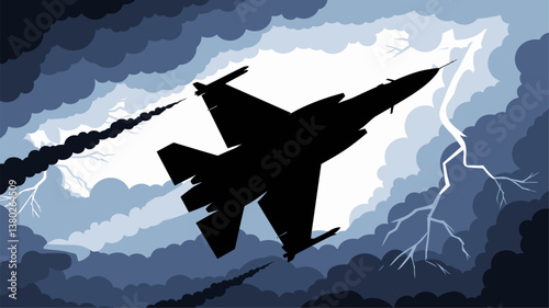 A dramatic silhouette of a fighter jet soaring through dark, stormy clouds, with lightning illuminating the background. Perfect for aviation and military themes.