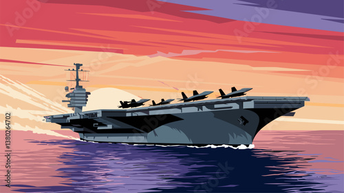 A striking illustration of an aircraft carrier sailing through calm waters, silhouetted by a vibrant sunset. Jet fighters are positioned on the deck, emphasizing naval power.