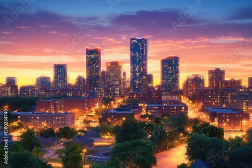 Omaha Cityscape at Sunset with Modern Skyscrapers and Golden Hour Lighting