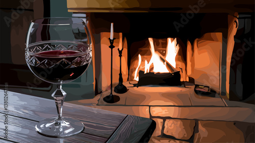 A warm and inviting scene featuring a glass of red wine in front of a crackling fireplace. Perfect for capturing the essence of relaxation and comfort.