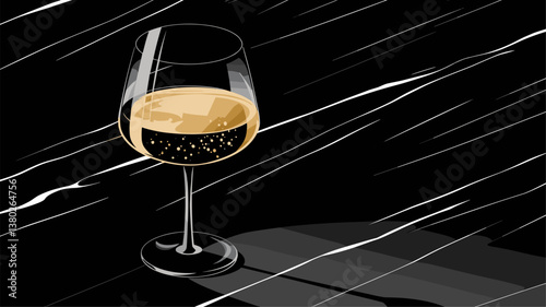 A stylish illustration of a champagne glass filled with bubbly drink, set against a sleek black marble backdrop, perfect for festive occasions.