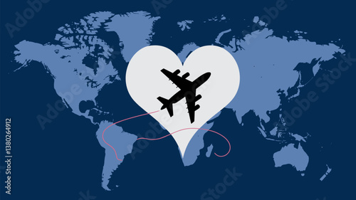 A creative illustration of a world map with a heart shape and an airplane, signifying love for travel and global connections.
