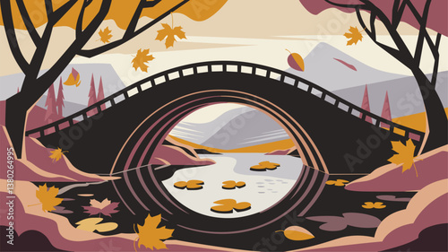 A picturesque illustration of a bridge arching over calm waters, surrounded by autumn foliage. Perfect for nature-themed projects.