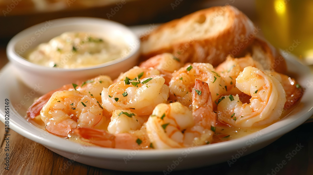 A plate of shrimp served with a side of sauce and bread, ideal for a seafood meal. A plate of shrimp served with a side of sauce and bread, ideal for a seafood meal.