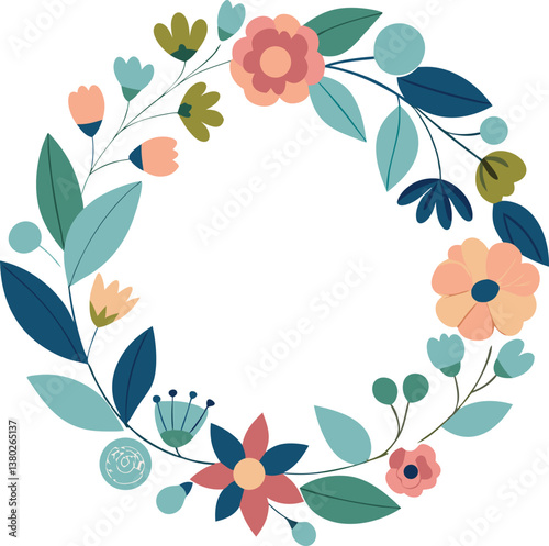 Floral Wreath Design Pretty Pastel Flowers, Leaves, and Branches