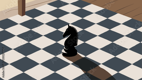 A minimalist illustration featuring a black knight chess piece standing alone on a classic checkered chessboard, casting a long shadow.