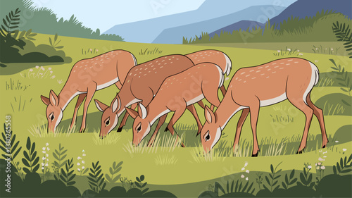 A vibrant illustration showcasing a group of deers grazing in a peaceful meadow, surrounded by lush greenery and distant mountains.
