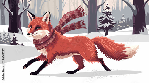 A charming illustration of a playful fox wearing a cozy scarf, gracefully trotting through a snowy forest landscape.
