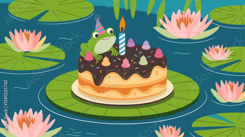 A cute frog wearing a party hat sits atop a colorful birthday cake, surrounded by vibrant lily pads and water lilies in a fun, cheerful pond setting.