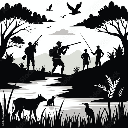Hunter with dog aiming with his rifle on ducks. Outdoor hunting scene. Vector silhouette of birds hunting isolated on white