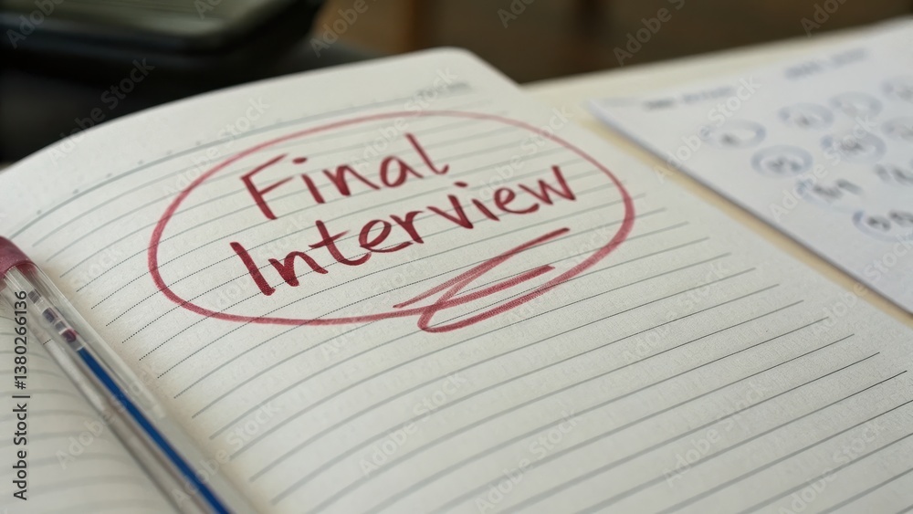 Job Market Competition Concept. Final interview notes in a notebook with a pen. Job Market Competition Concept. Final interview notes in a notebook with a pen.