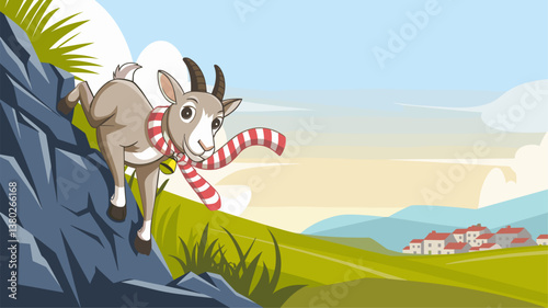 A cheerful cartoon goat humorously climbing a rocky hill, wearing a cozy scarf, set against a picturesque valley with distant buildings.