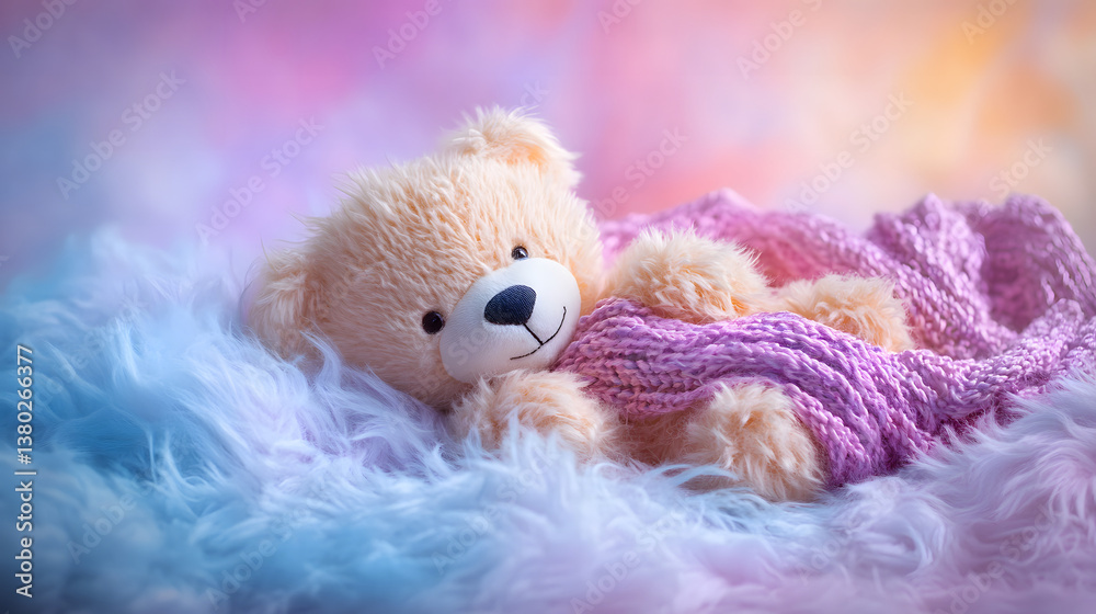 Fototapeta premium A plush teddy bear wrapped in a pink blanket, resting on soft, colorful fur.