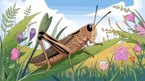A beautifully illustrated grasshopper perched on a green leaf amidst colorful flowers and lush greenery, capturing the essence of spring in nature.