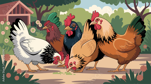 A vibrant illustration of five different chickens foraging in a lush garden, showcasing their unique breeds and colors against a pastoral backdrop.