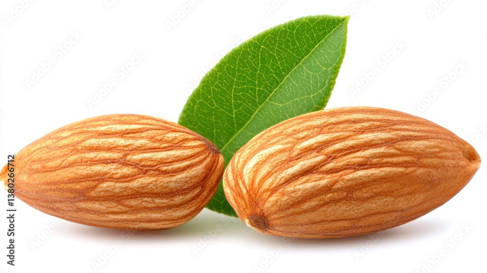 Two Almonds with a Green Leaf, Fresh and Healthy Nuts Two Almonds with a Green Leaf, Fresh and Healthy Nuts
