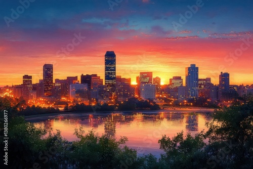 Downtown Omaha Nebraska Cityscape at Sunset in Impressionism Style