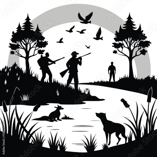 vector illustration of a duck hunter on a river in black and white silhouette style