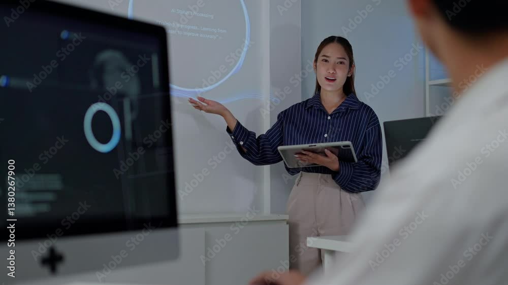 software developer talk strategy plan to executive write prompt AI bot IT app program data analytics in tech startup office.Projected visuals and glowing code on screen.AI chatbot technology concept