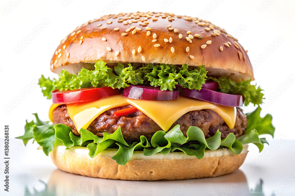 tasty beef burger with cheese and salad image isolated on white background tasty beef burger with cheese and salad image isolated on white background