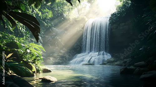 Waterfall hidden deep in a dense jungle with soft sunlight filtering through