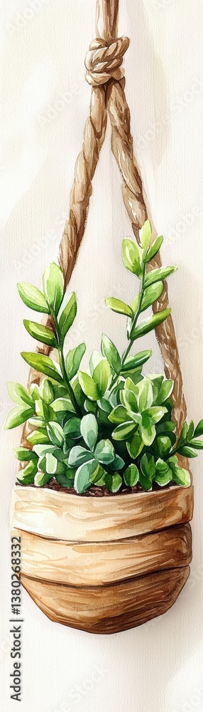 Obraz premium Watercolor Painting of Hanging Succulent Plant in Wooden Pot