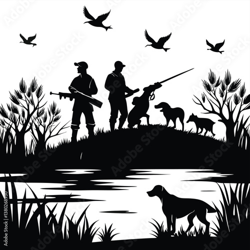 Wildlife Duck animals hunting hunt panorama vector illustration - Black silhouette of hunter with rifle gun and dog at the lake or river shoots at flying mallard ducks, isolated on white background