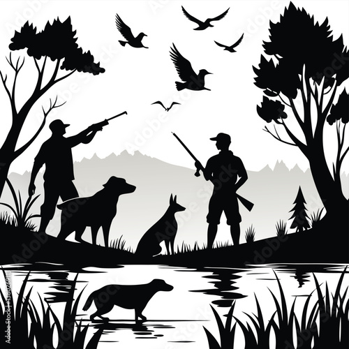 Wildlife Duck animals hunting hunt panorama vector illustration - Black silhouette of hunter with rifle gun and dog at the lake or river shoots at flying mallard ducks, isolated on white background