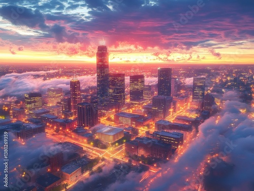 Sunset Cityscape of Downtown Omaha Nebraska Aerial View