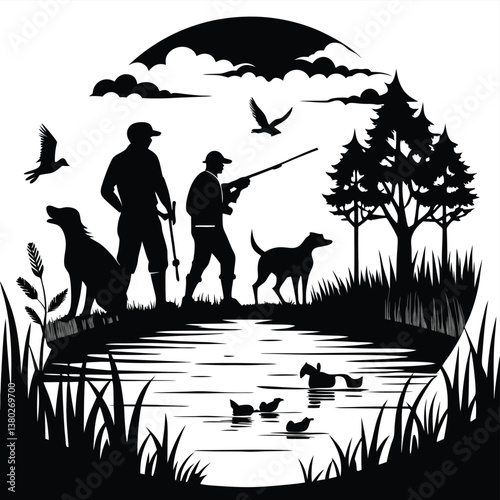 Wildlife Duck animals hunting hunt panorama vector illustration - Black silhouette of hunter with rifle gun and dog at the lake or river shoots at flying mallard ducks, isolated on white background