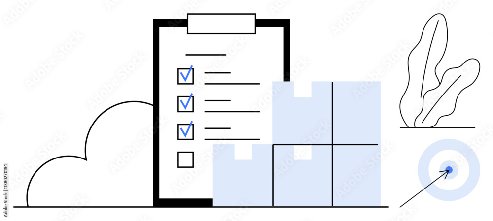 Checklist clipboard with ticked tasks, stacked boxes, and target with arrow symbolizing planning, productivity, and achievement. Ideal for logistics, organization, goals, supply chain success Checklist clipboard with ticked tasks, stacked boxes, and target with arrow symbolizing planning, productivity, and achievement. Ideal for logistics, organization, goals, supply chain success