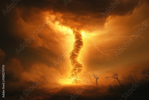 Tornado with Lightning in Fiery Orange Sky, epic force of nature colliding with raw beauty, the environment reacting to extreme turbulence.