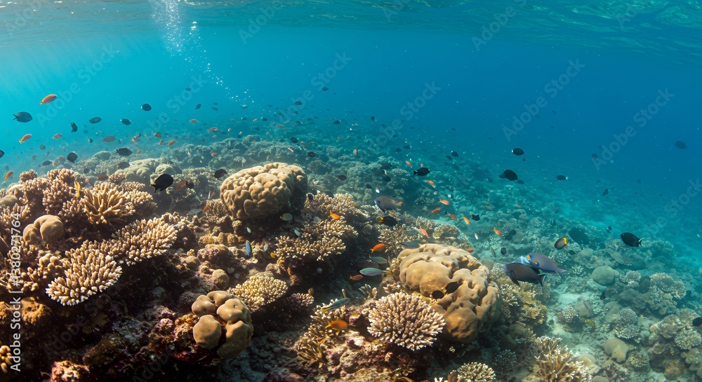 Fototapeta premium Vibrant Coral Reef Underwater Panorama With Diverse Fish Life