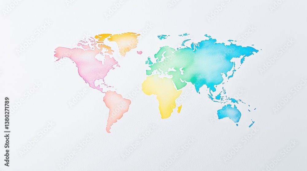Obraz premium A colorful watercolor map of the world, showcasing continents in soft pastel shades, ideal for creative and educational purposes.