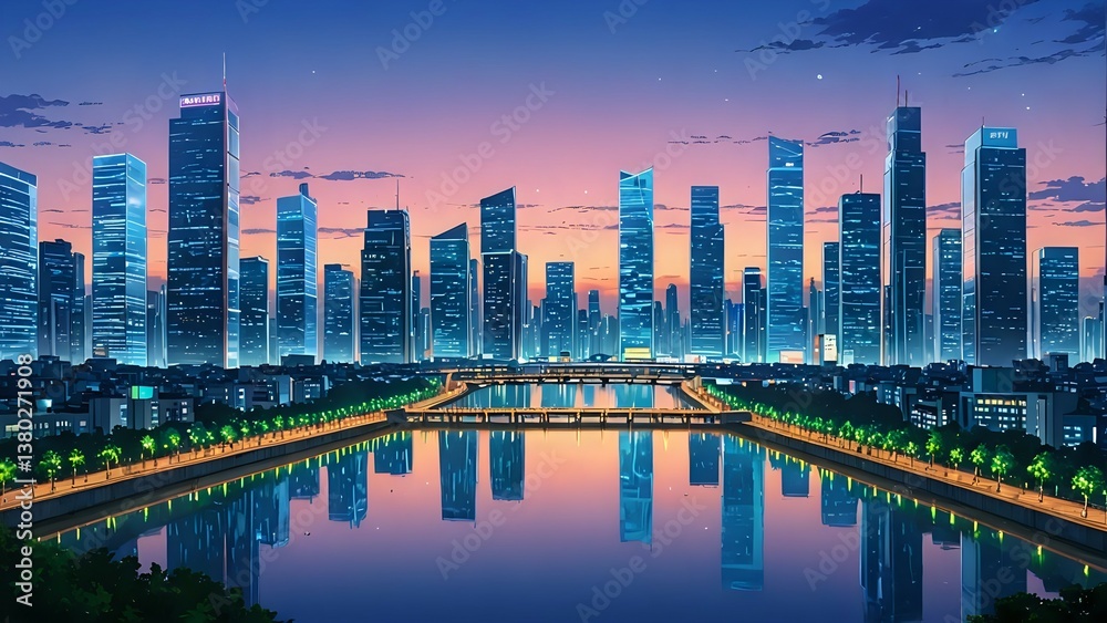 Obraz premium Cityscape Reflection at Dusk with Modern Architecture and Calm River View