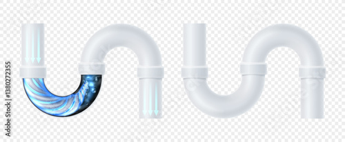 Realistic sink siphons with clogging. Vector illustration with isolated sink siphons on checkered background. Concept of cleaning clogged pipes. 3d elements for ads, promotion of drain cleaner.
