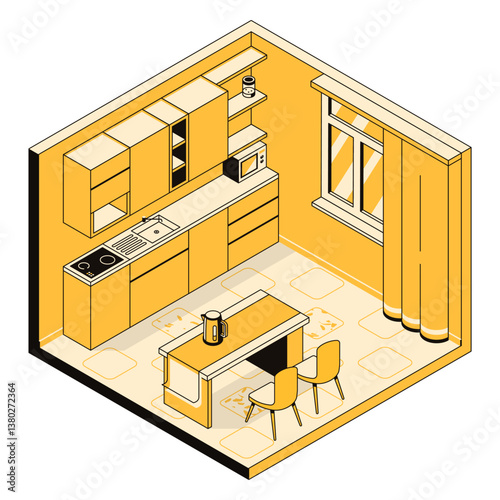 3d kitchen interior concept, furniture and appliances. Cooking space. Room, template for furniture store, design studio, architectural business. Vector linear isometric illustration