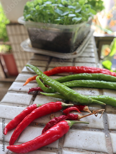 Red and green peppers on the balcony design for harvest and abundance season
