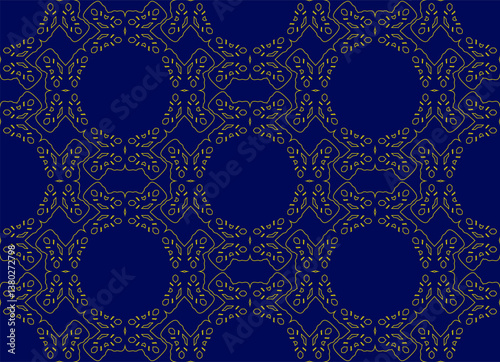 Symmetrical seamless pattern of ornate shapes. Lace, doilies decorative motifs. Light gold outlines. Deep blue background. Intricate line work. Vintage-inspired style. Cultural, elegant aesthetic.