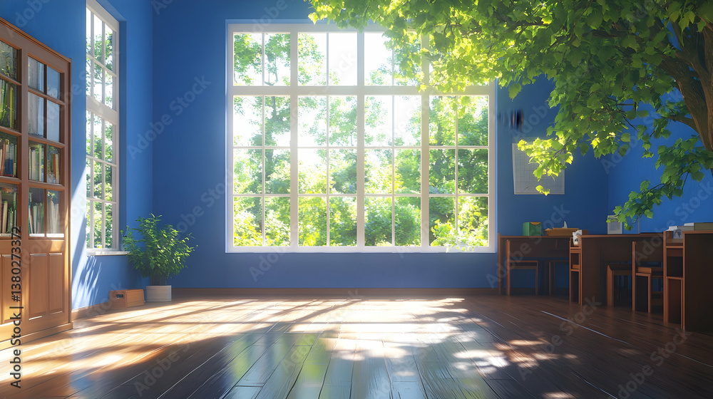 Fototapeta premium Sunny room, tree view, study area
