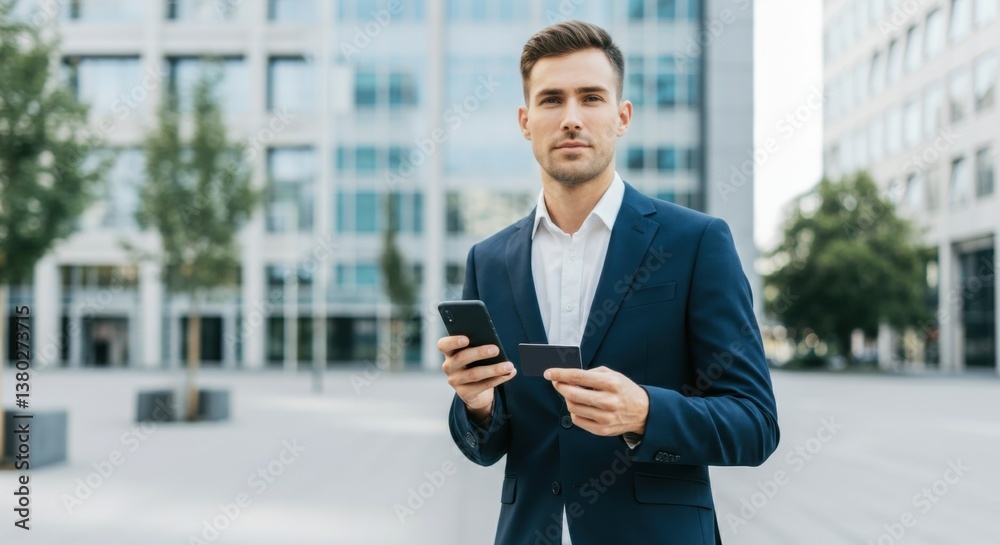 Young caucasian male in suit using smartphone and credit card outdoors in urban setting Young caucasian male in suit using smartphone and credit card outdoors in urban setting