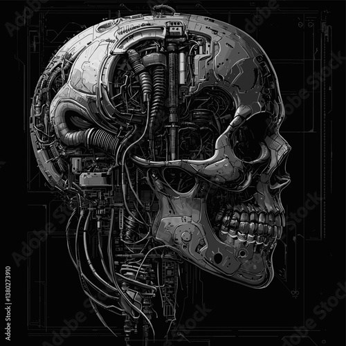 Cybernetic Skull with Exposed Mechanical Components and Wiring