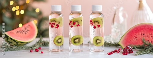 Three glass bottles display fruit-infused water with pomegranate, kiwi, and melon, adorned with fresh apple and watermelon slices