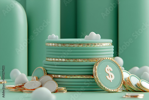 Mint Green Money Stack Display, 3D Render photo